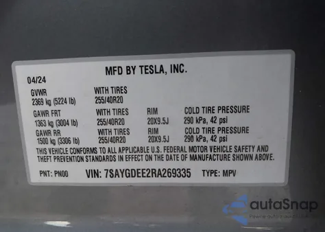 2024 Tesla Model Y из США, поврежденный, VIN 7SAYGDEE2RA269335